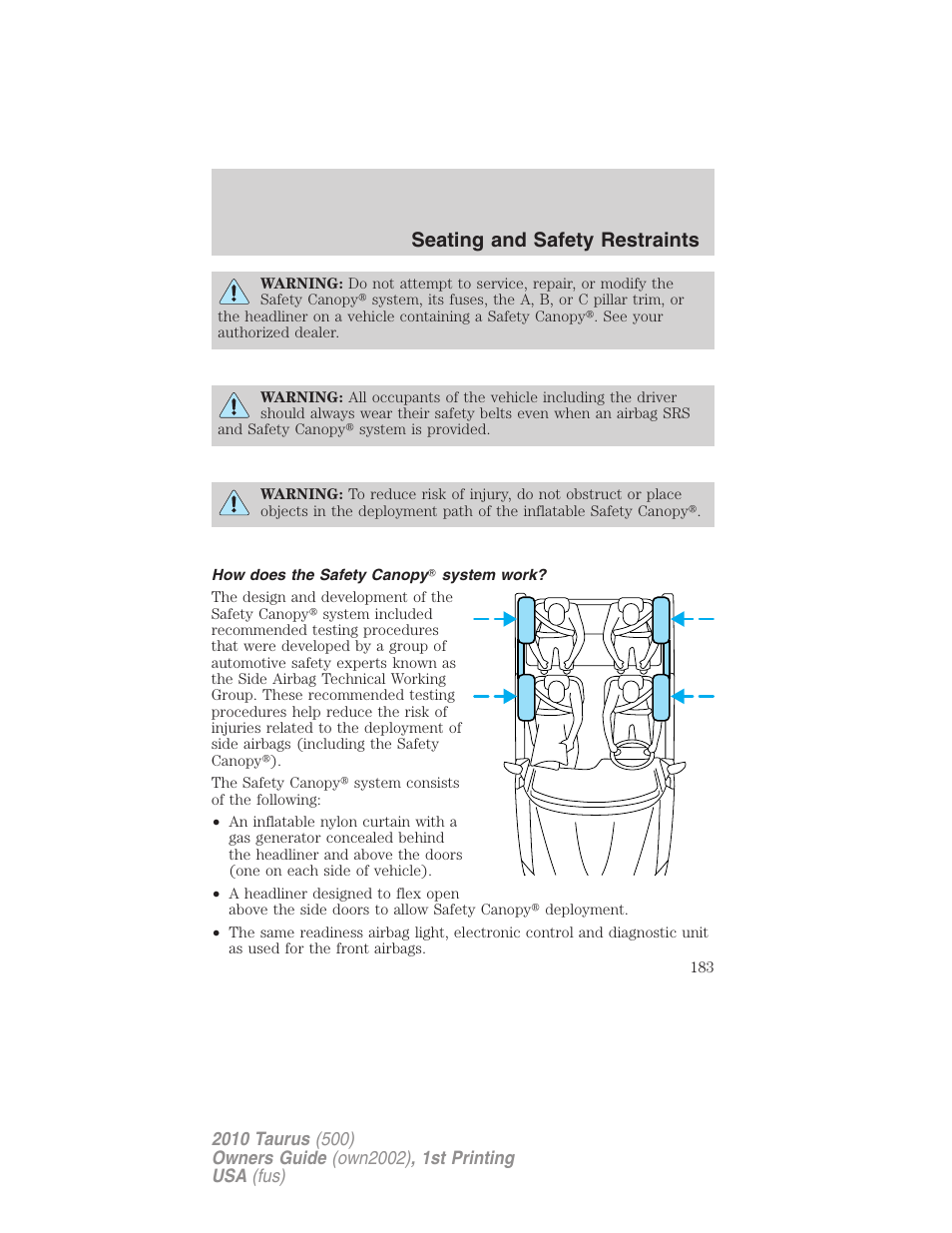 How does the safety canopy system work, Seating and safety restraints | FORD 2010 Taurus v.1 User Manual | Page 183 / 378