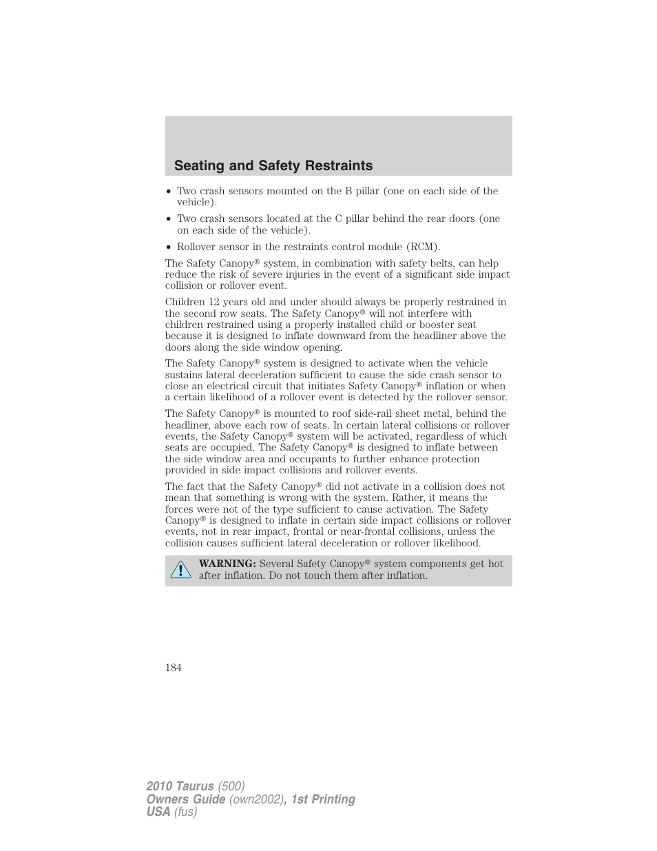 Seating and safety restraints | FORD 2010 Taurus v.1 User Manual | Page 184 / 378