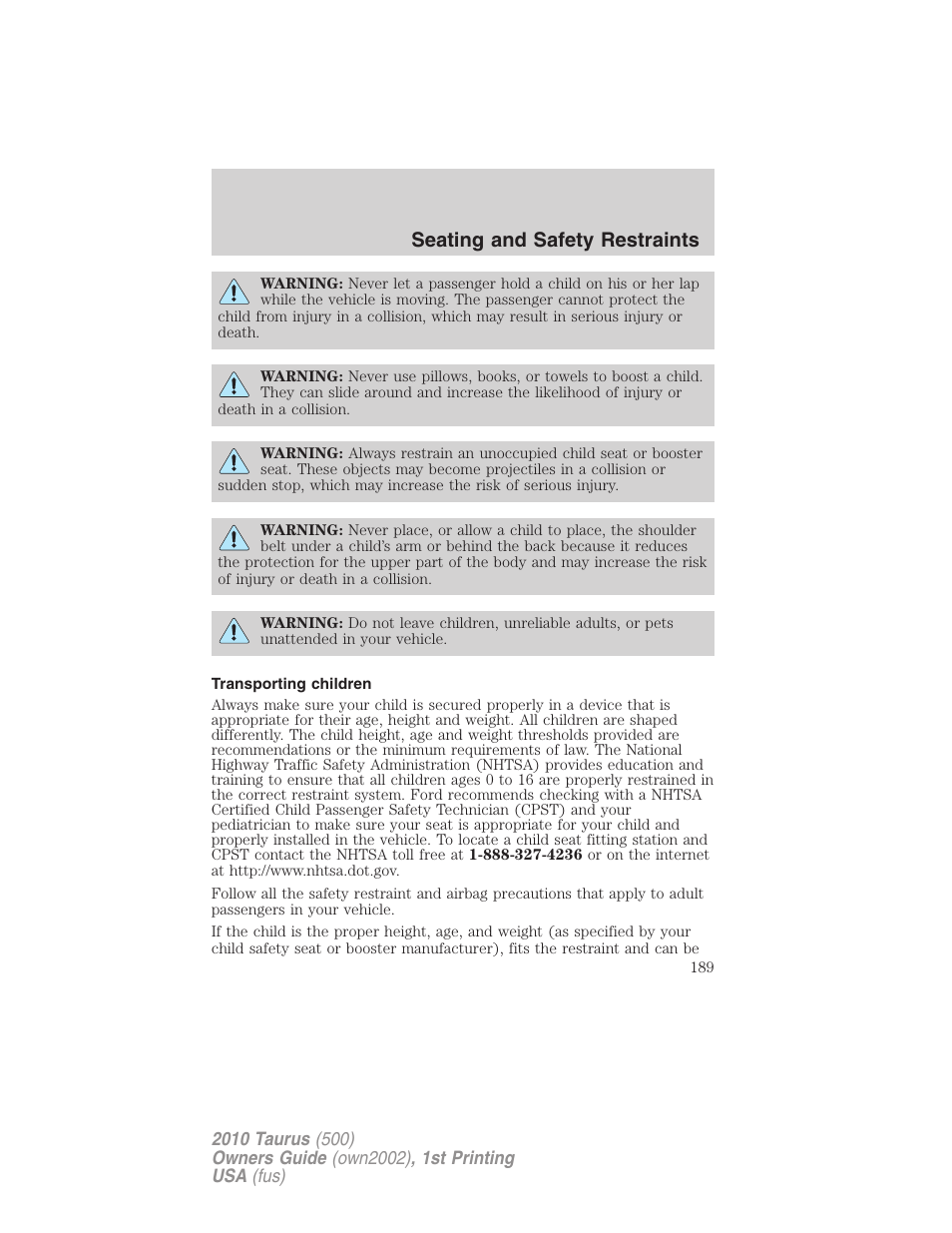 Transporting children, Seating and safety restraints | FORD 2010 Taurus v.1 User Manual | Page 189 / 378