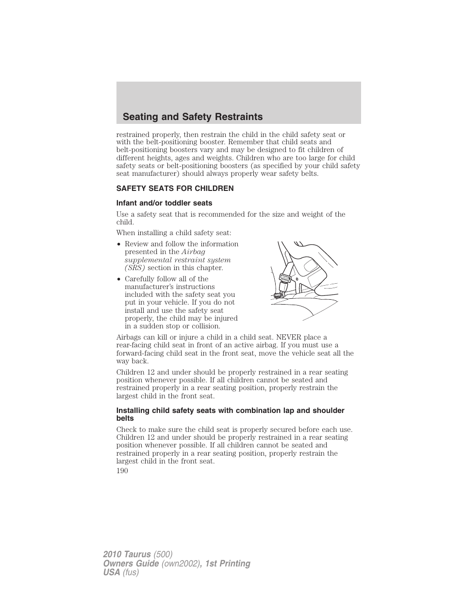 Safety seats for children, Infant and/or toddler seats, Seating and safety restraints | FORD 2010 Taurus v.1 User Manual | Page 190 / 378