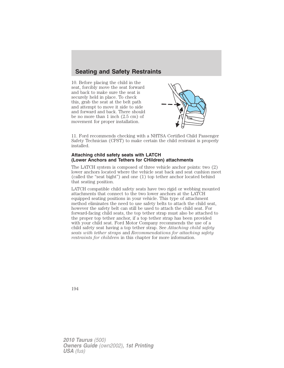 Seating and safety restraints | FORD 2010 Taurus v.1 User Manual | Page 194 / 378