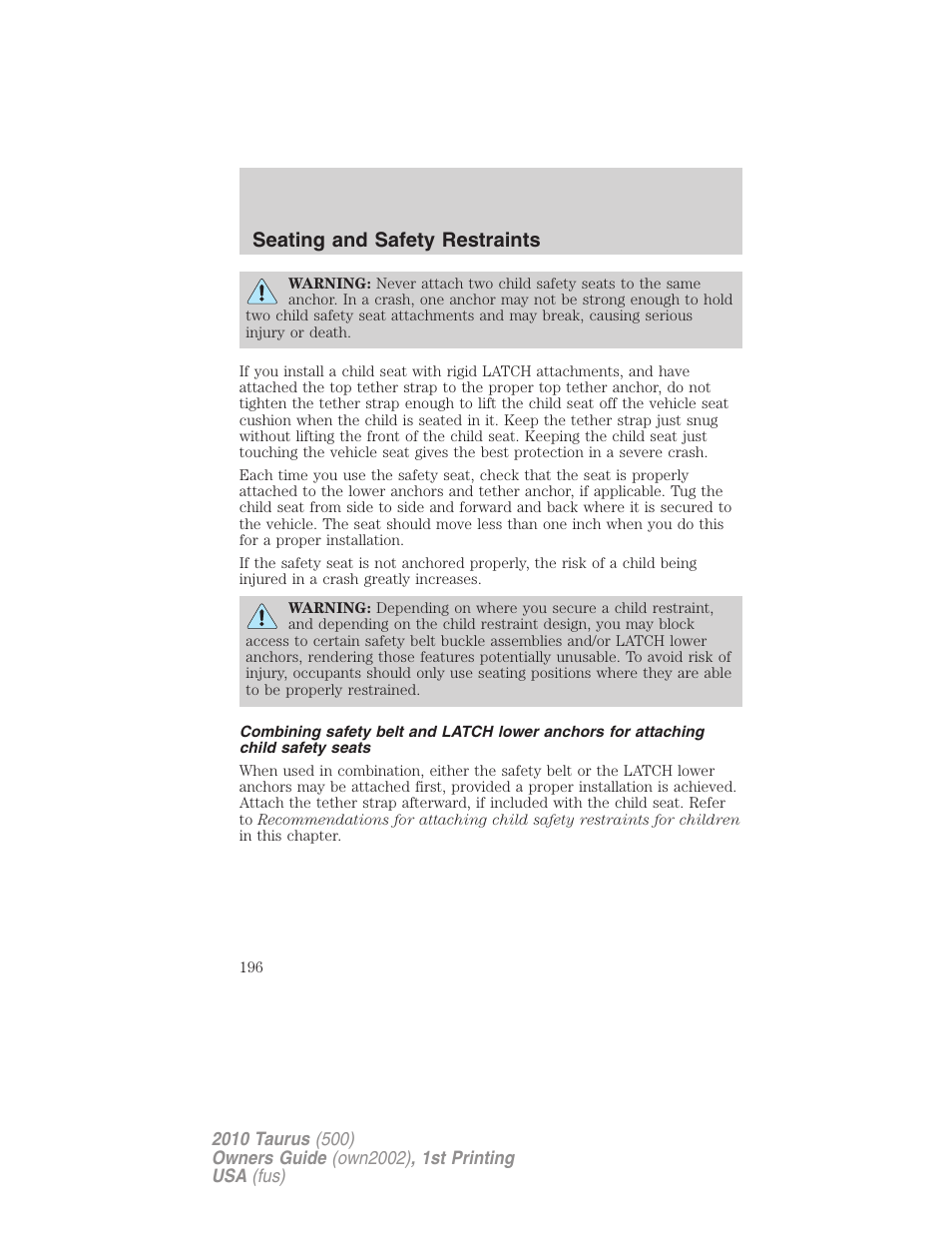 Seating and safety restraints | FORD 2010 Taurus v.1 User Manual | Page 196 / 378
