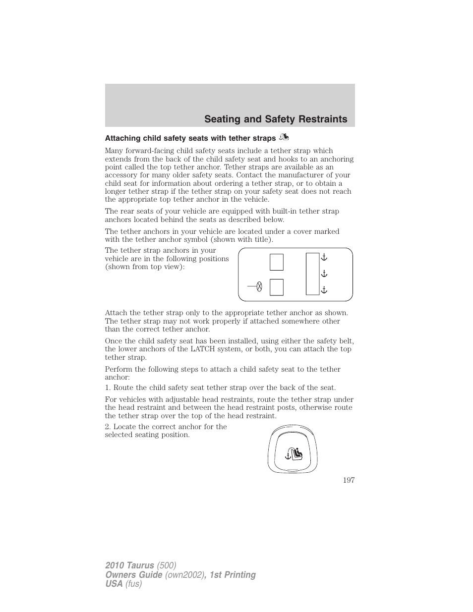 Attaching child safety seats with tether straps, Seating and safety restraints | FORD 2010 Taurus v.1 User Manual | Page 197 / 378