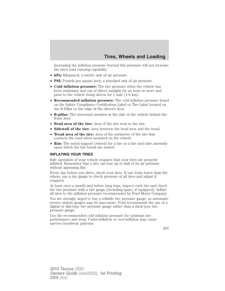 Inflating your tires, Tire inflation, Tires, wheels and loading | FORD 2010 Taurus v.1 User Manual | Page 205 / 378