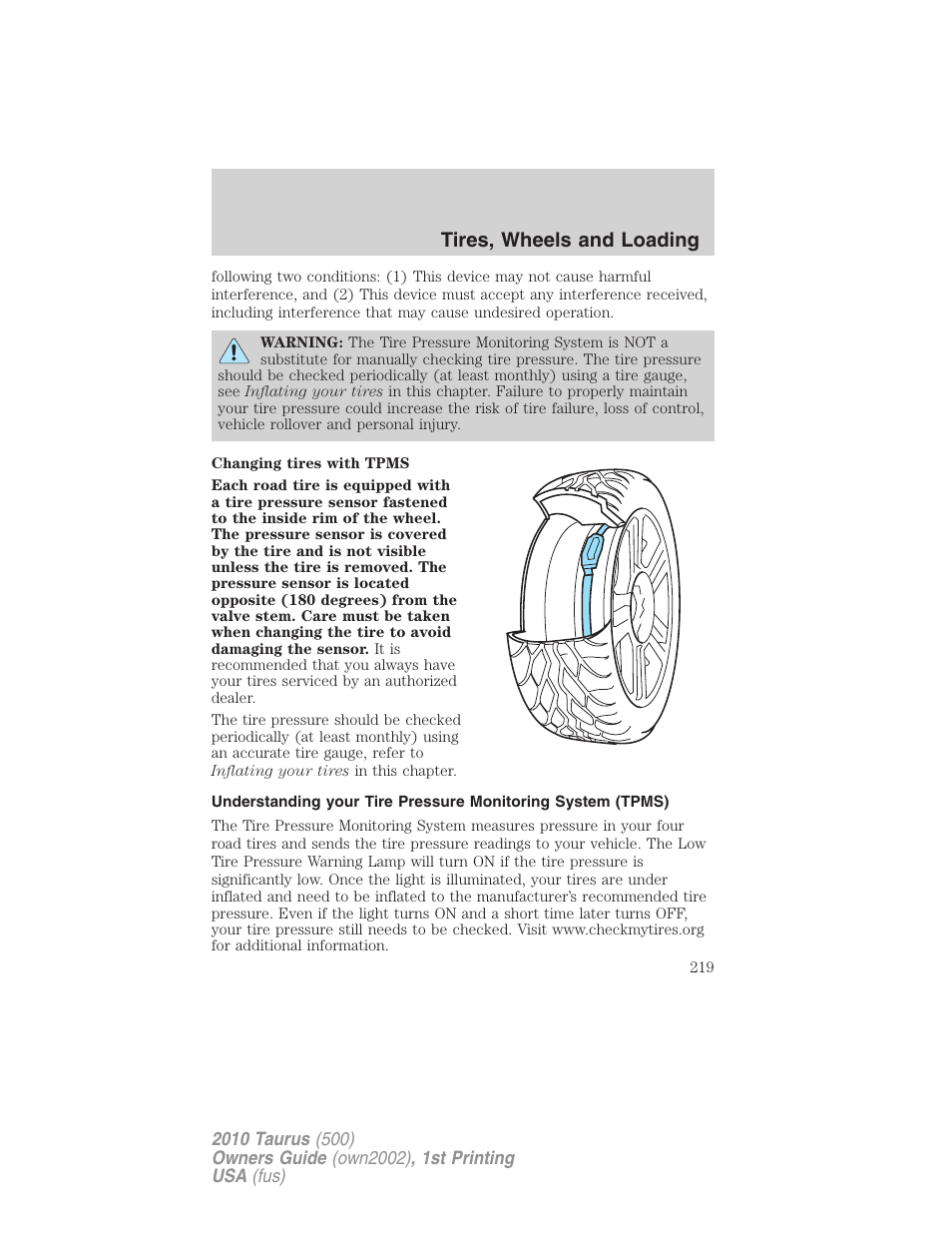 Tires, wheels and loading | FORD 2010 Taurus v.1 User Manual | Page 219 / 378