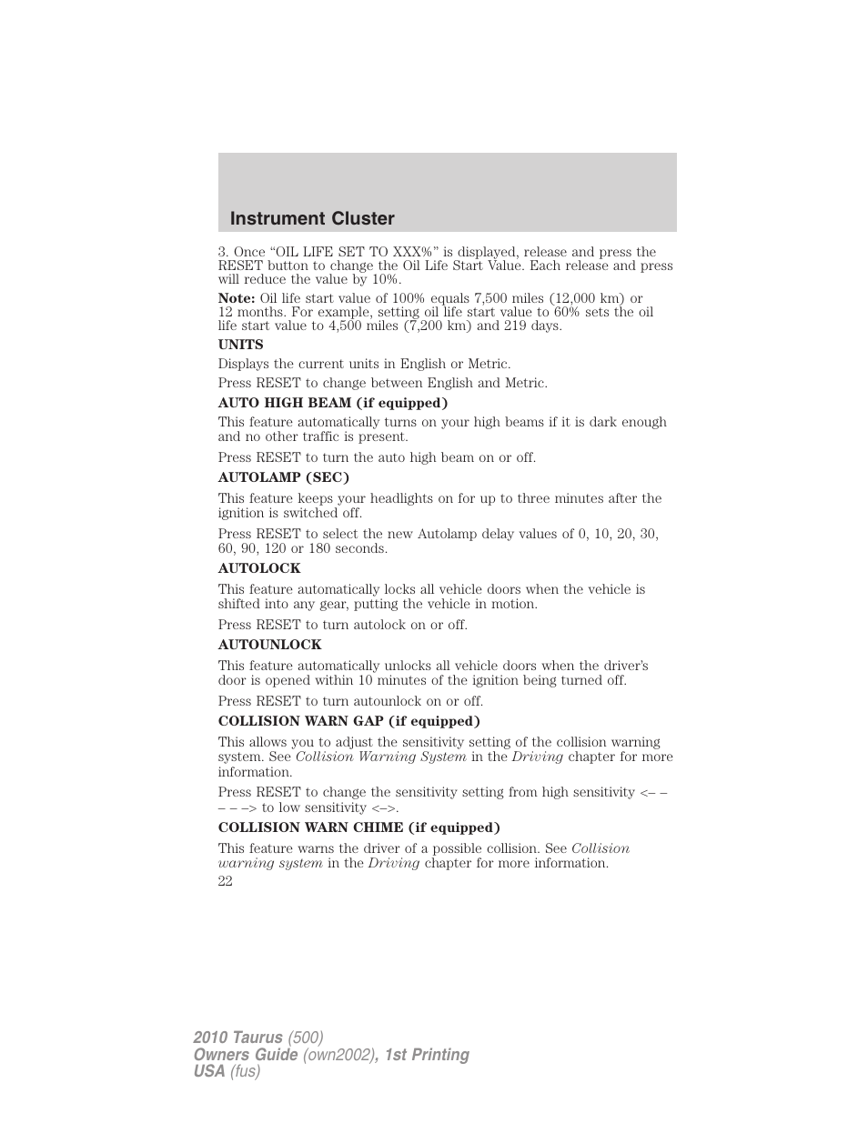 Instrument cluster | FORD 2010 Taurus v.1 User Manual | Page 22 / 378