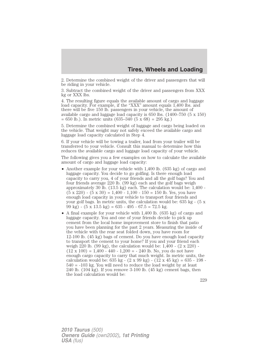 Tires, wheels and loading | FORD 2010 Taurus v.1 User Manual | Page 229 / 378