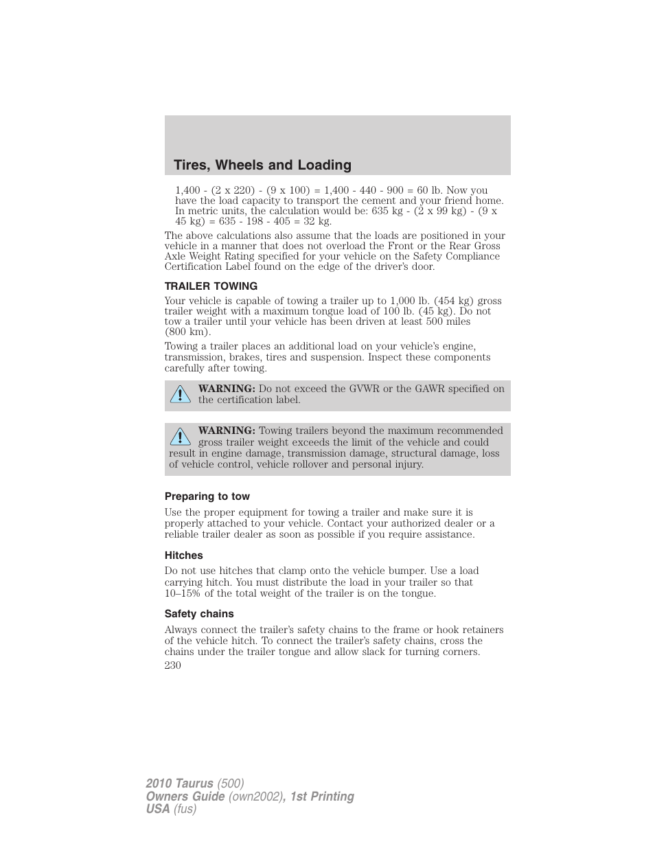 Trailer towing, Preparing to tow, Hitches | Safety chains, Tires, wheels and loading | FORD 2010 Taurus v.1 User Manual | Page 230 / 378