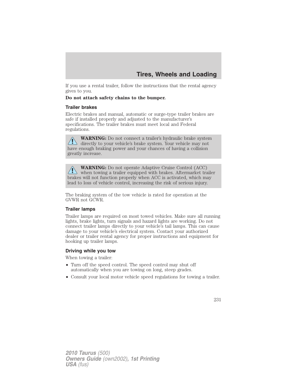 Trailer brakes, Trailer lamps, Driving while you tow | Tires, wheels and loading | FORD 2010 Taurus v.1 User Manual | Page 231 / 378
