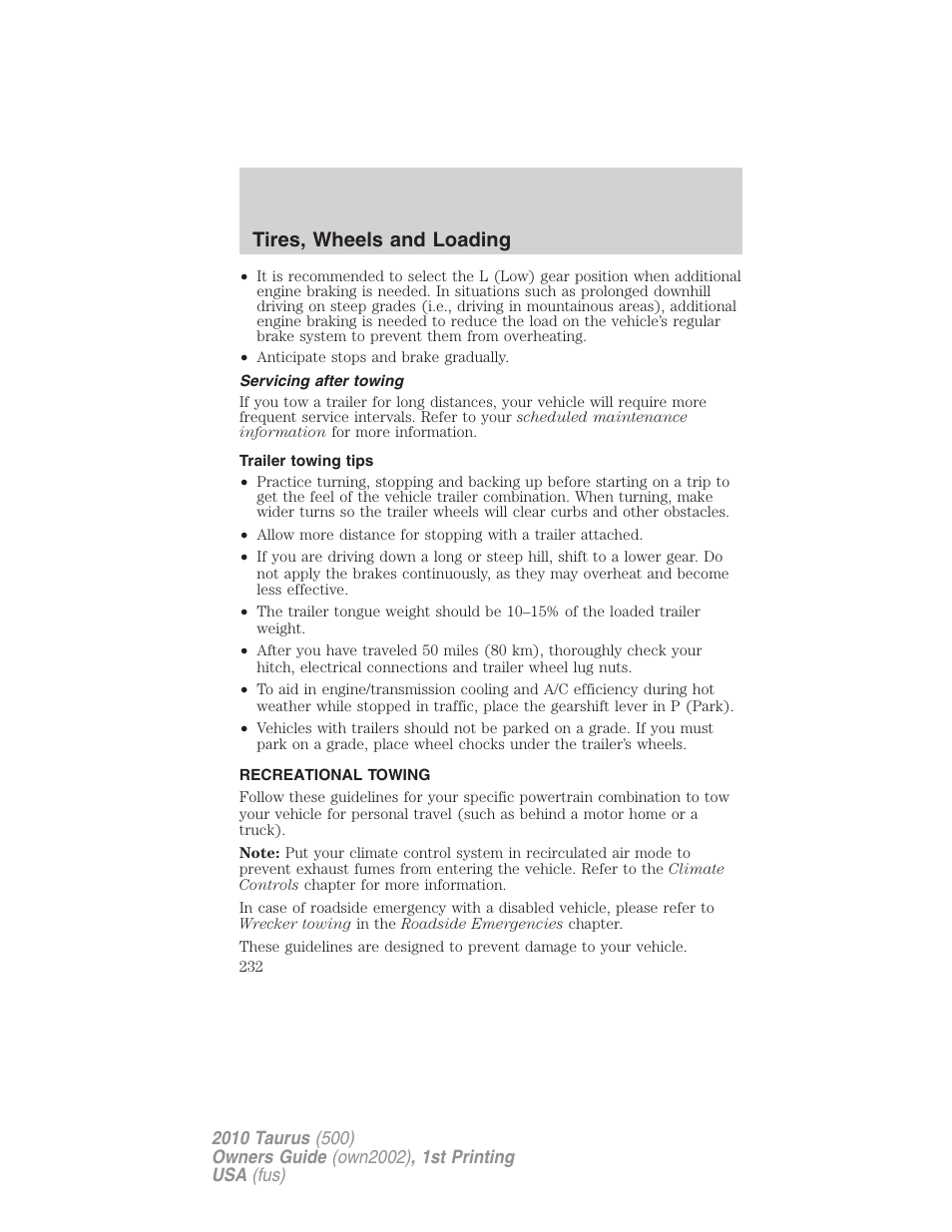 Servicing after towing, Trailer towing tips, Recreational towing | Tires, wheels and loading | FORD 2010 Taurus v.1 User Manual | Page 232 / 378