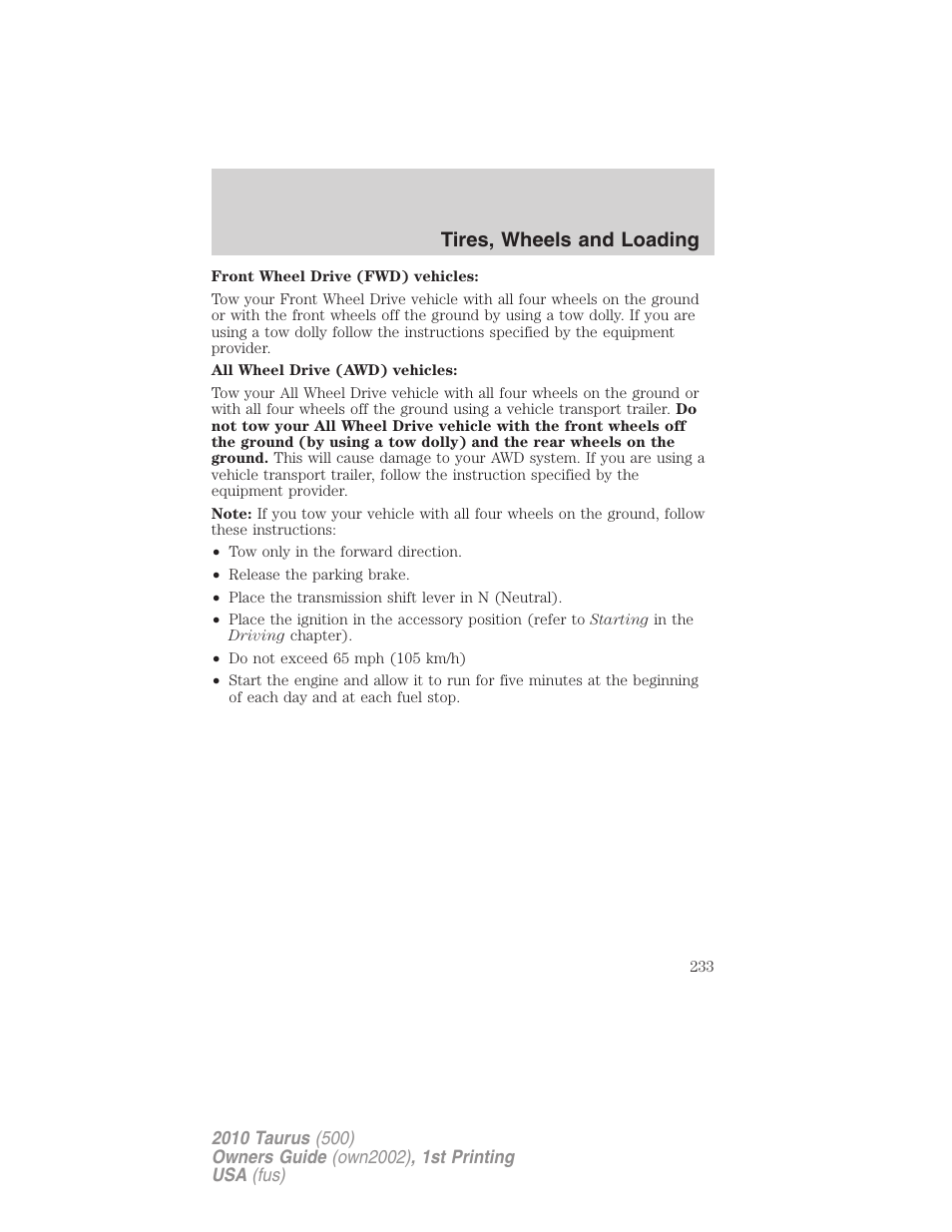 Tires, wheels and loading | FORD 2010 Taurus v.1 User Manual | Page 233 / 378