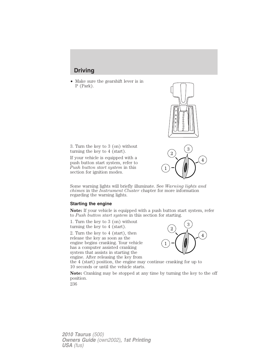 Starting the engine, Driving | FORD 2010 Taurus v.1 User Manual | Page 236 / 378