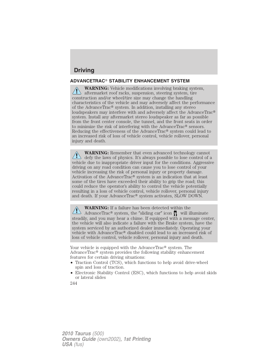 Advancetrac stability enhancement system, Advancetrac, Driving | FORD 2010 Taurus v.1 User Manual | Page 244 / 378