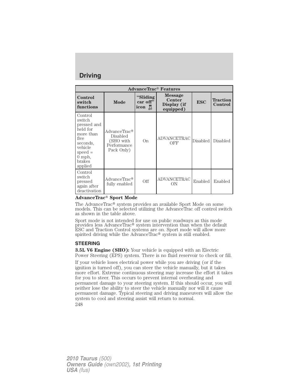 Steering, Driving | FORD 2010 Taurus v.1 User Manual | Page 248 / 378