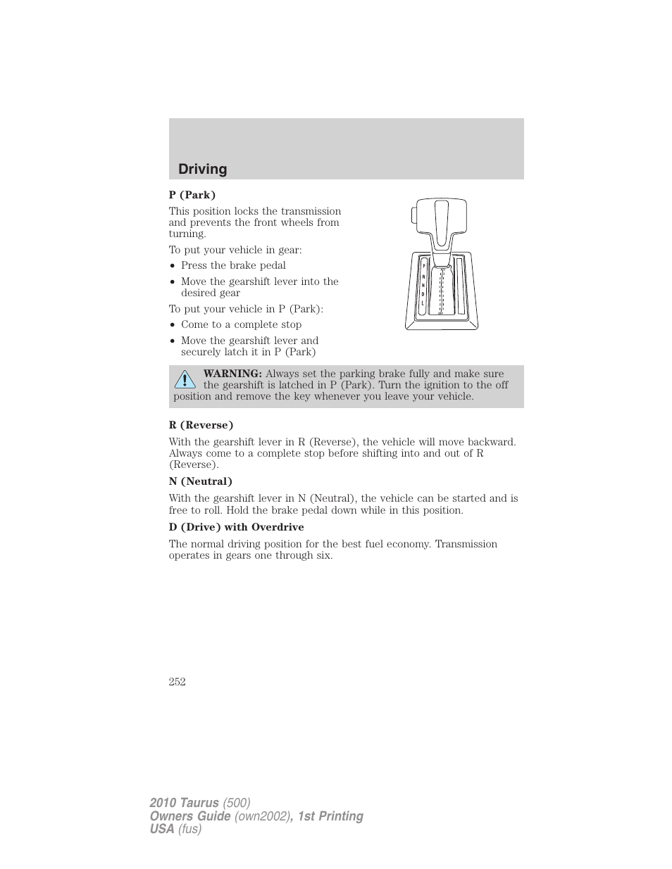 Driving | FORD 2010 Taurus v.1 User Manual | Page 252 / 378