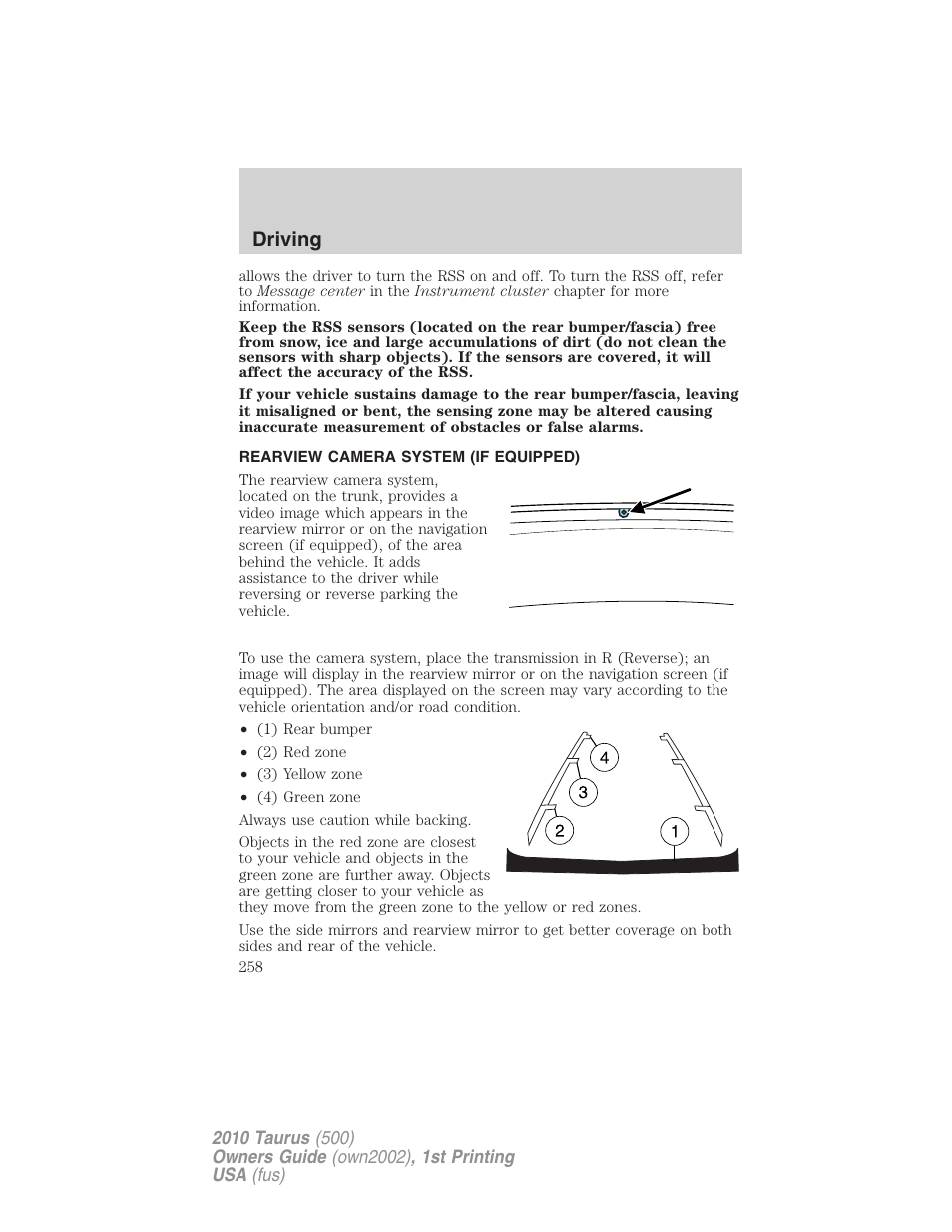 Rearview camera system (if equipped), Rear-view camera system, Driving | FORD 2010 Taurus v.1 User Manual | Page 258 / 378