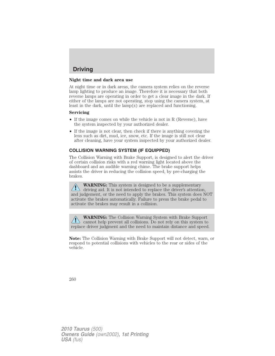 Collision warning system (if equipped), Driving | FORD 2010 Taurus v.1 User Manual | Page 260 / 378