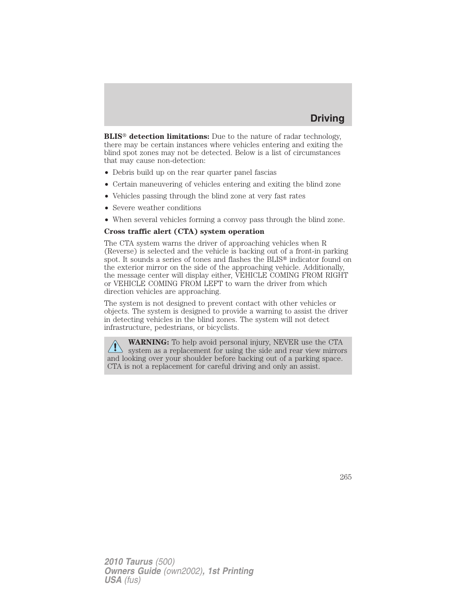 Driving | FORD 2010 Taurus v.1 User Manual | Page 265 / 378