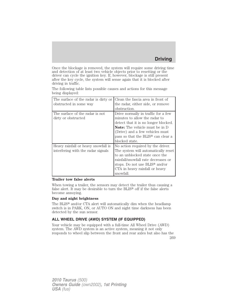 All wheel drive (awd) system (if equipped), Driving | FORD 2010 Taurus v.1 User Manual | Page 269 / 378