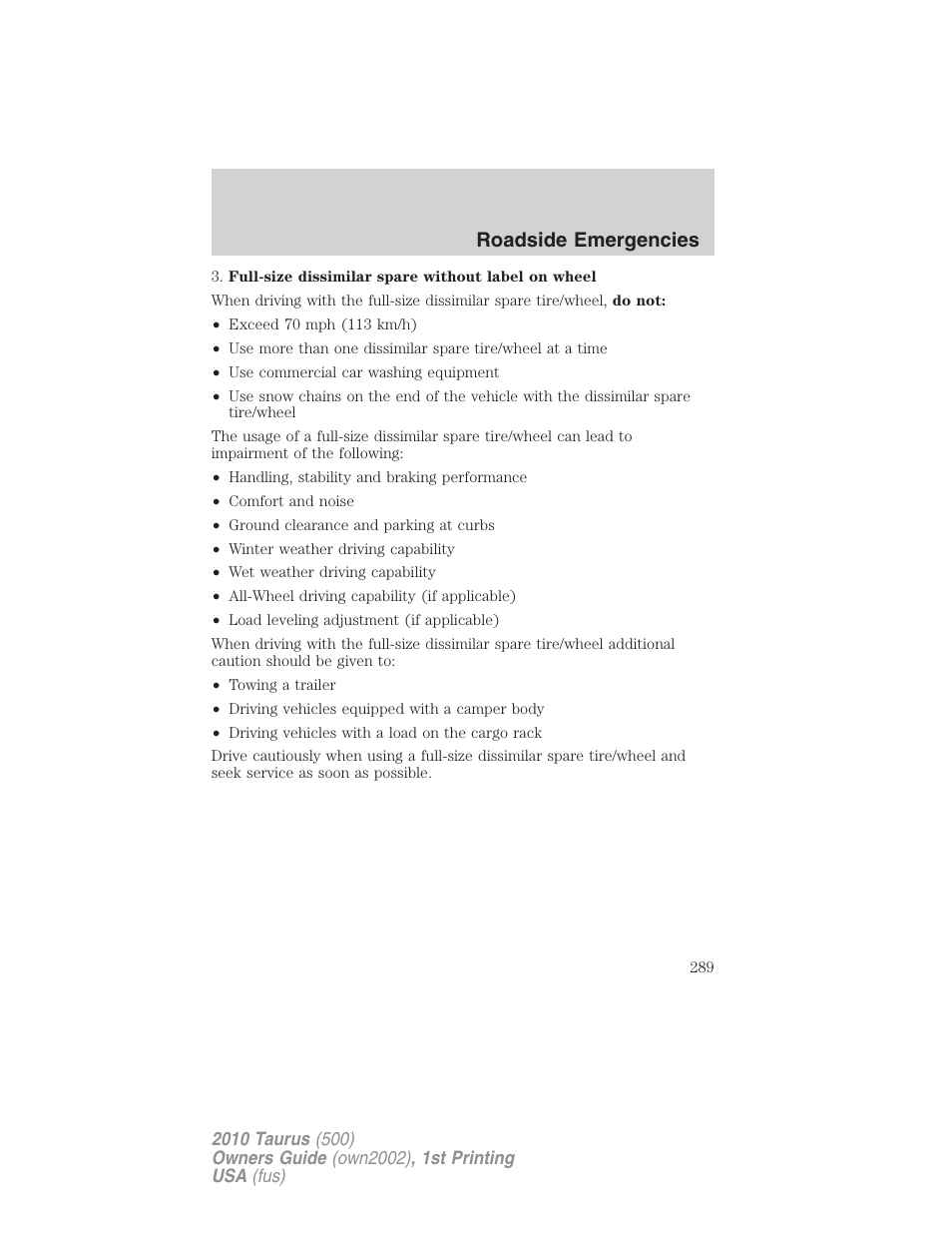 Roadside emergencies | FORD 2010 Taurus v.1 User Manual | Page 289 / 378