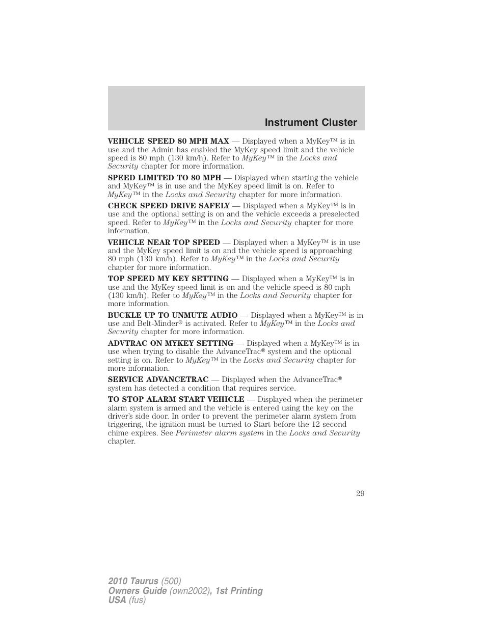 Instrument cluster | FORD 2010 Taurus v.1 User Manual | Page 29 / 378