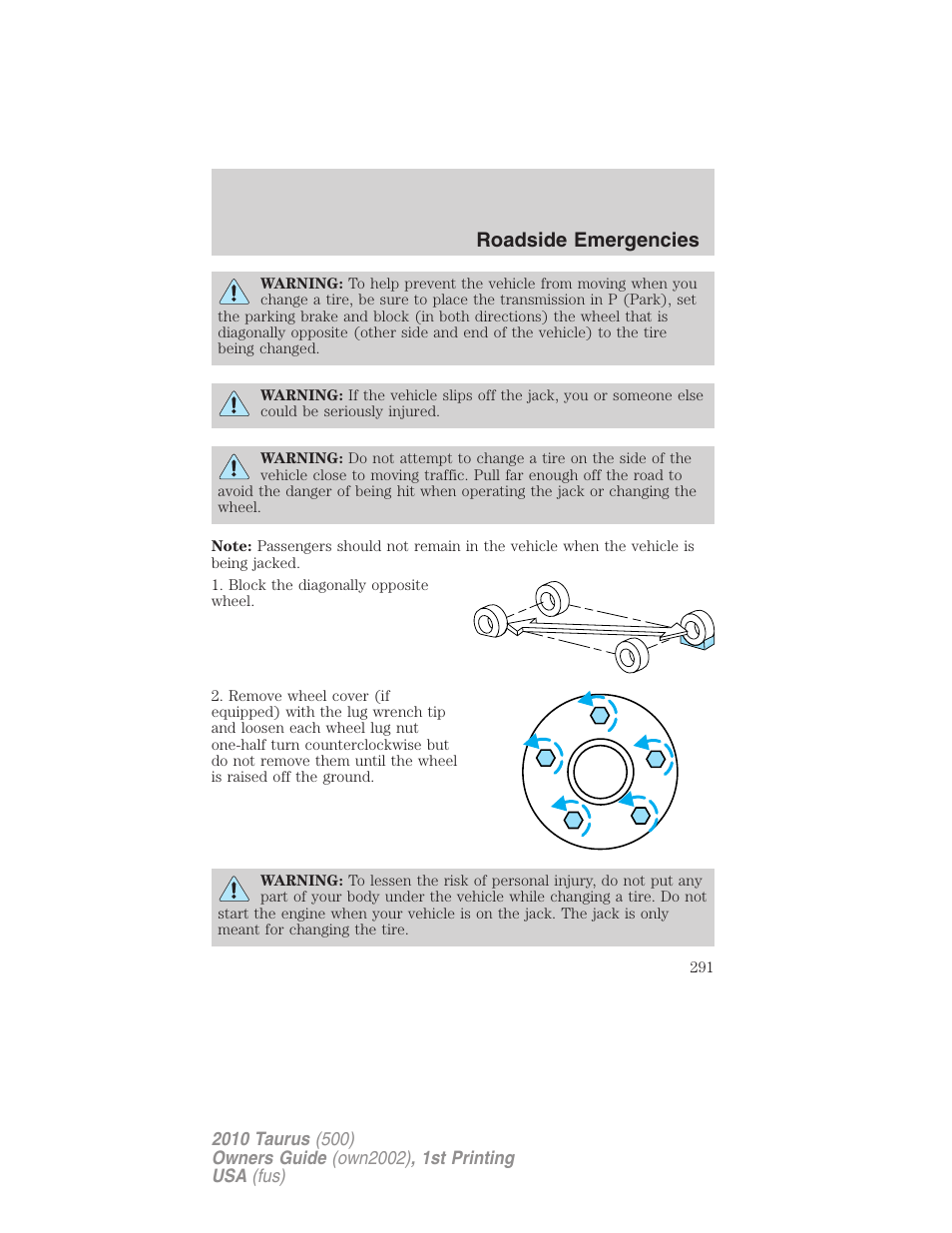 Roadside emergencies | FORD 2010 Taurus v.1 User Manual | Page 291 / 378