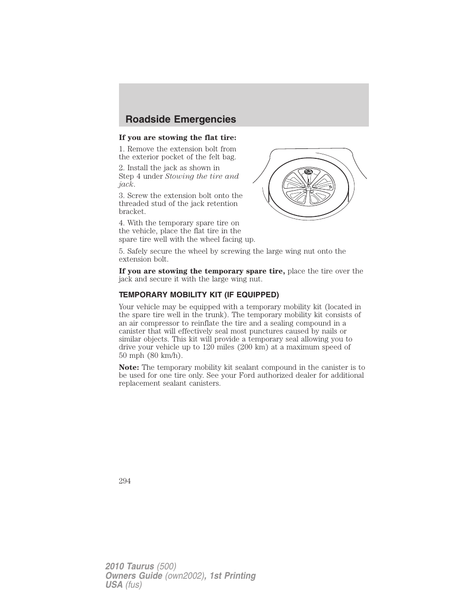 Temporary mobility kit (if equipped), Temporary mobility kit, Roadside emergencies | FORD 2010 Taurus v.1 User Manual | Page 294 / 378