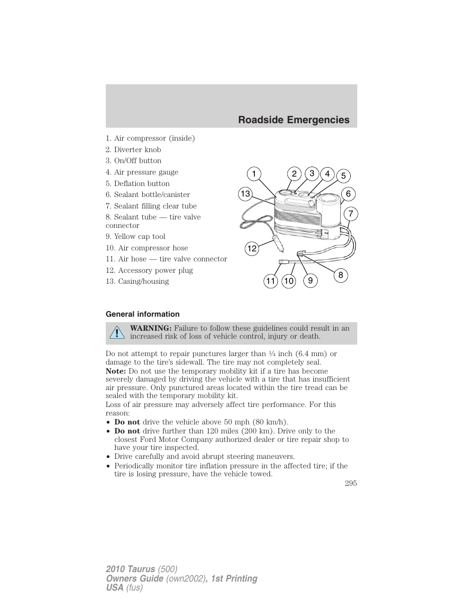 General information, Roadside emergencies | FORD 2010 Taurus v.1 User Manual | Page 295 / 378