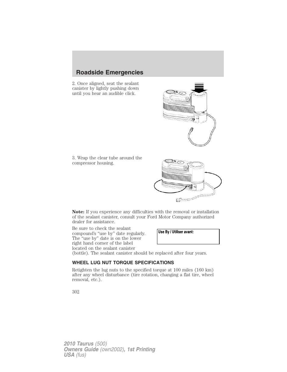 Wheel lug nut torque specifications, Wheel lug nut torque, Roadside emergencies | FORD 2010 Taurus v.1 User Manual | Page 302 / 378