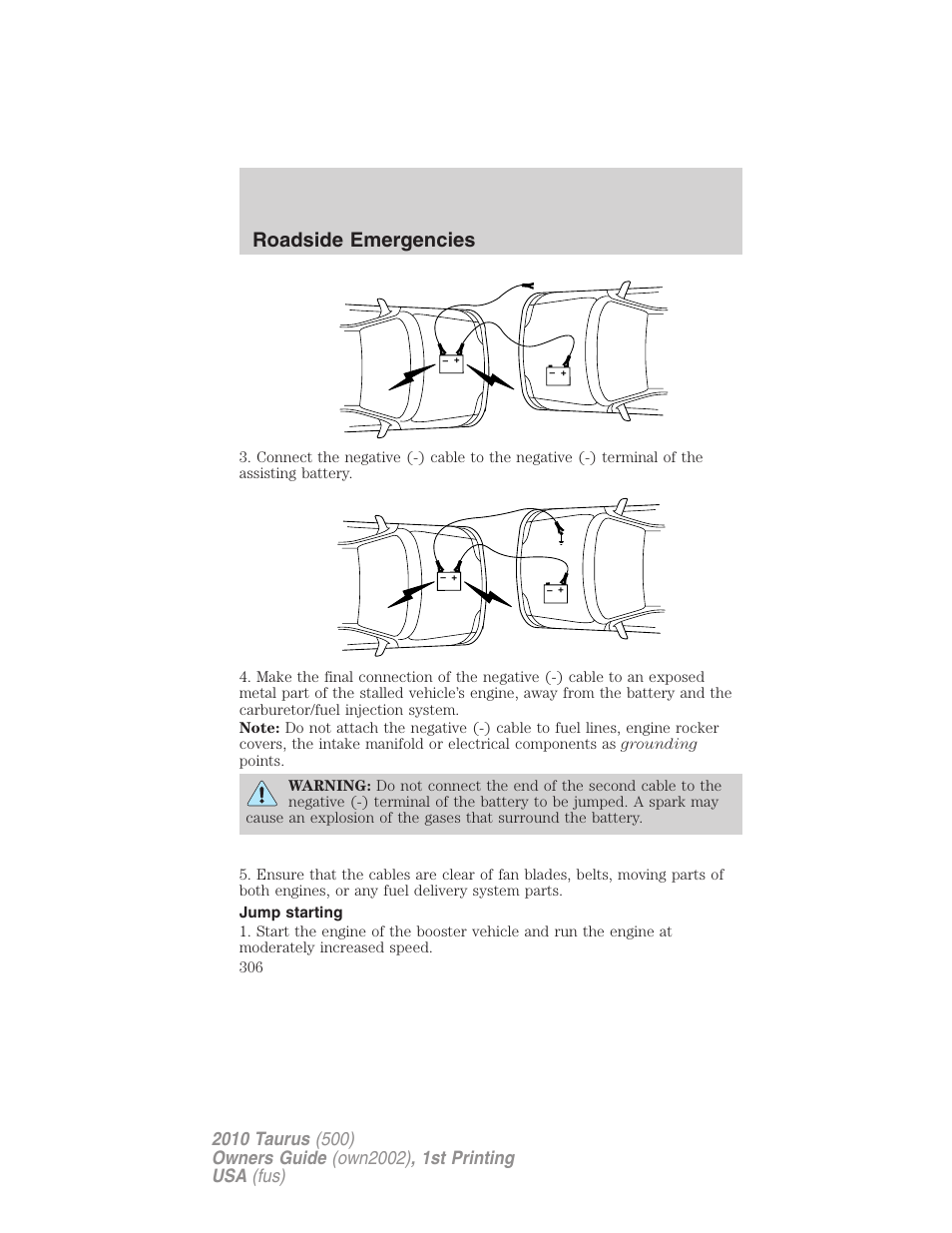 Jump starting, Roadside emergencies | FORD 2010 Taurus v.1 User Manual | Page 306 / 378