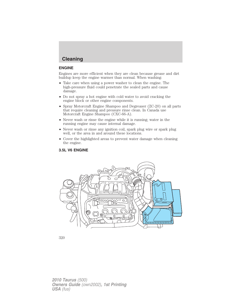 Engine, 5l v6 engine, Cleaning | FORD 2010 Taurus v.1 User Manual | Page 320 / 378