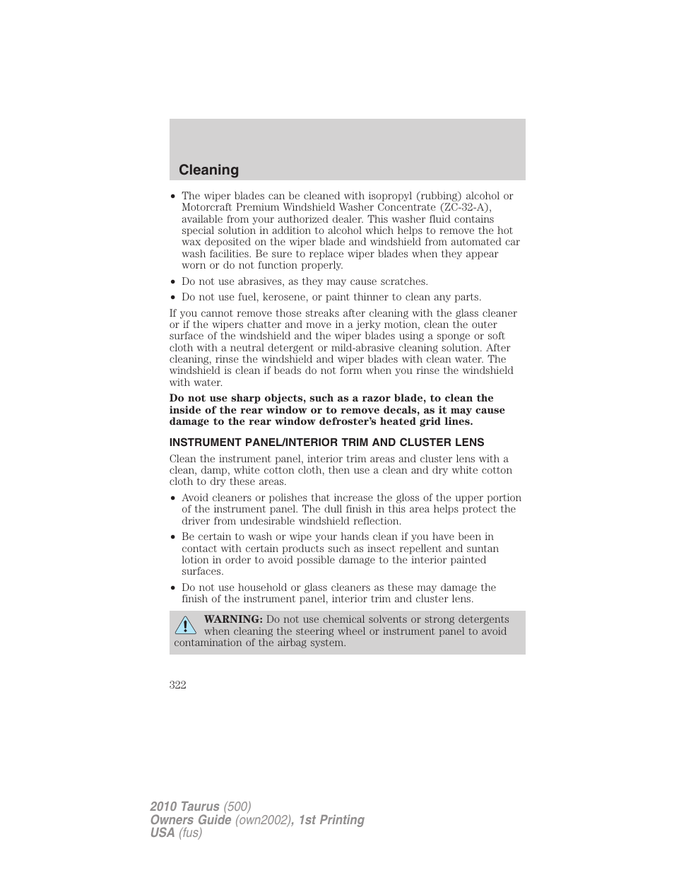 Instrument panel/interior trim and cluster lens, Cleaning | FORD 2010 Taurus v.1 User Manual | Page 322 / 378