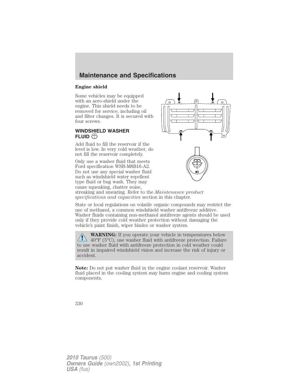 Windshield washer fluid, Maintenance and specifications | FORD 2010 Taurus v.1 User Manual | Page 330 / 378