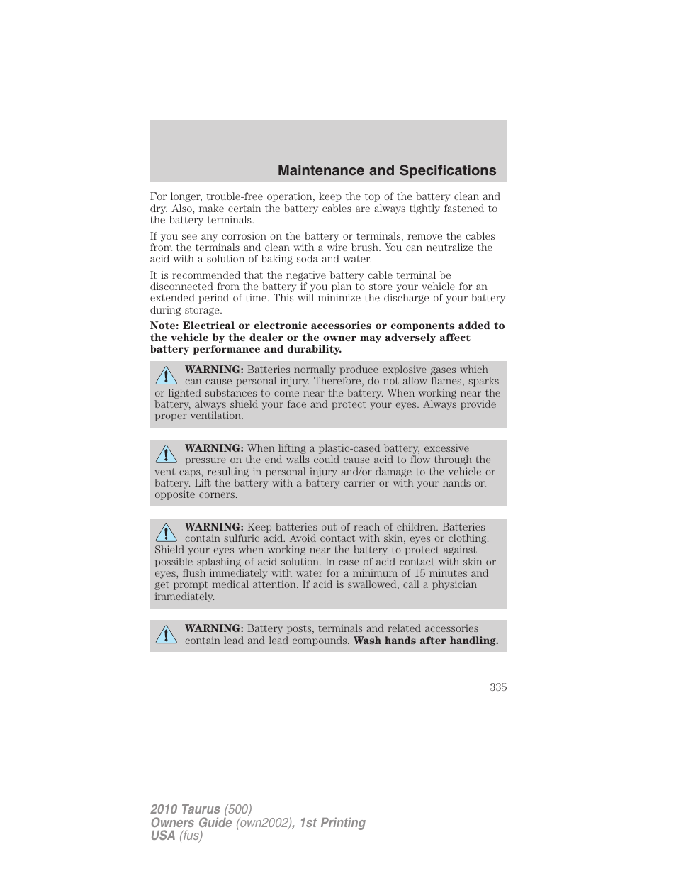 Maintenance and specifications | FORD 2010 Taurus v.1 User Manual | Page 335 / 378