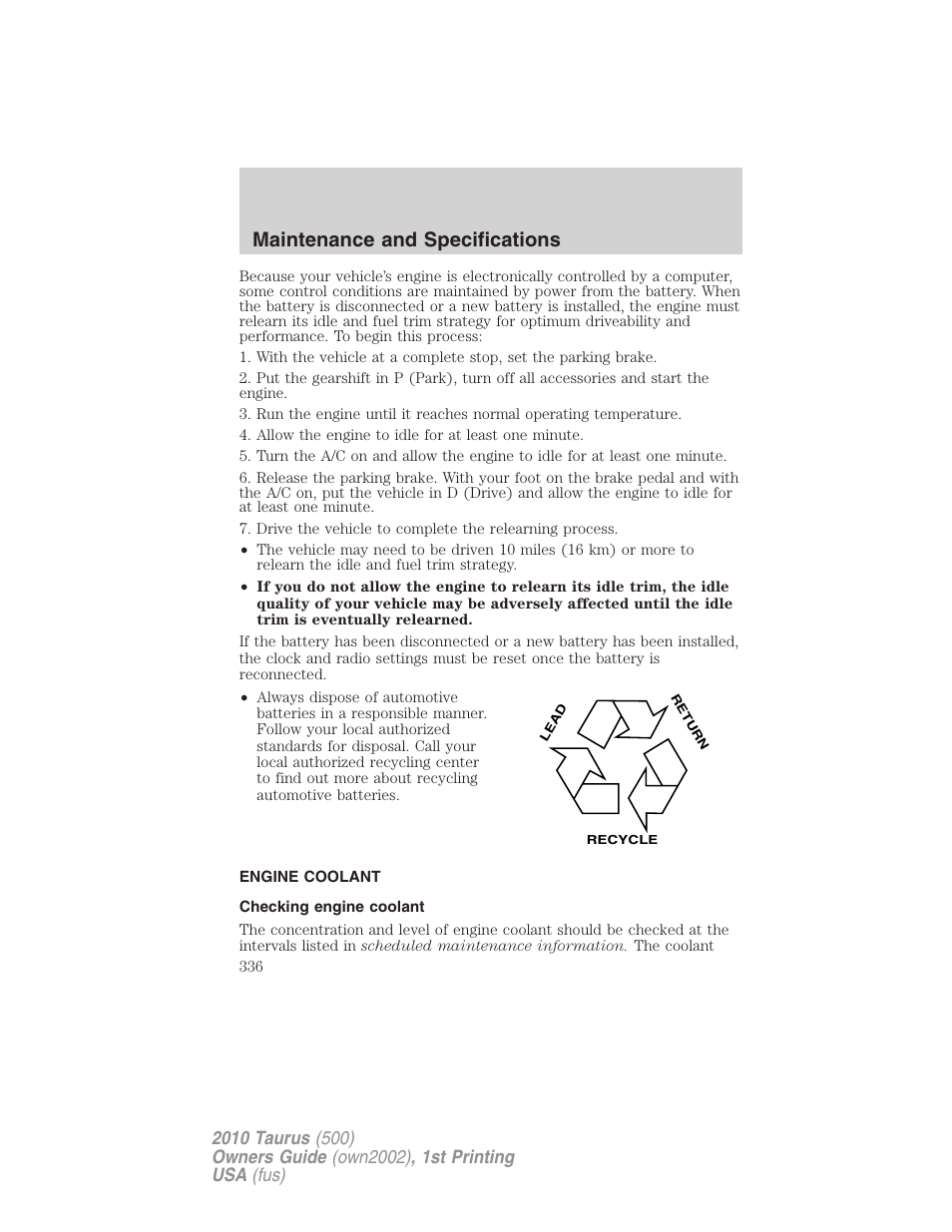 Engine coolant, Checking engine coolant, Maintenance and specifications | FORD 2010 Taurus v.1 User Manual | Page 336 / 378