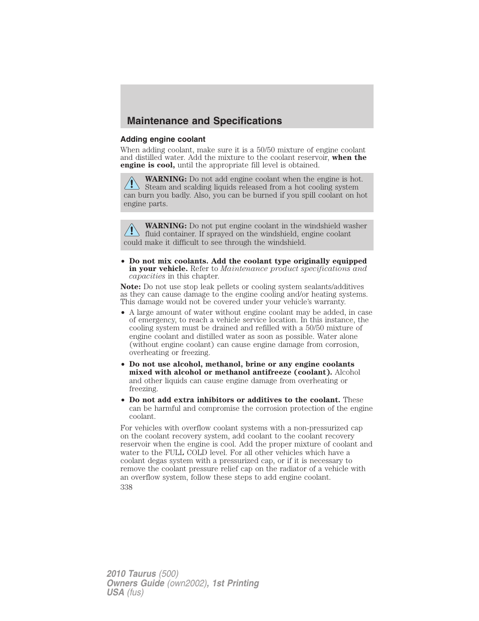 Adding engine coolant, Maintenance and specifications | FORD 2010 Taurus v.1 User Manual | Page 338 / 378