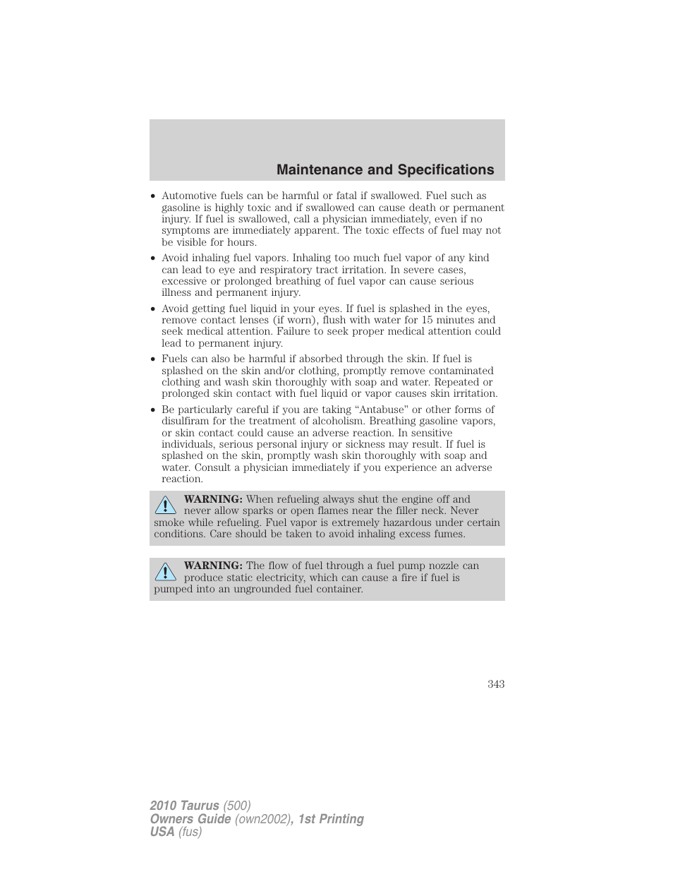 Maintenance and specifications | FORD 2010 Taurus v.1 User Manual | Page 343 / 378