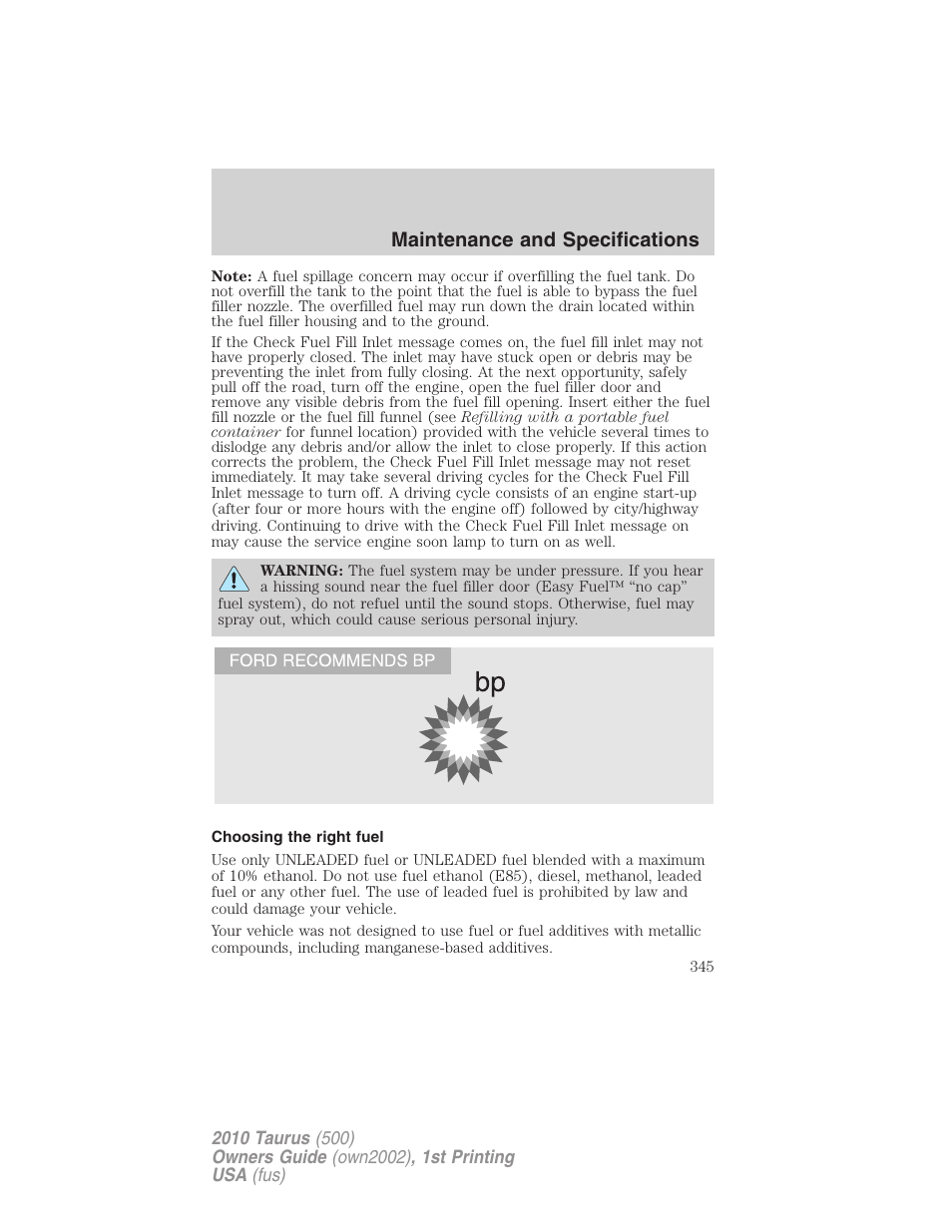 Choosing the right fuel, Maintenance and specifications | FORD 2010 Taurus v.1 User Manual | Page 345 / 378