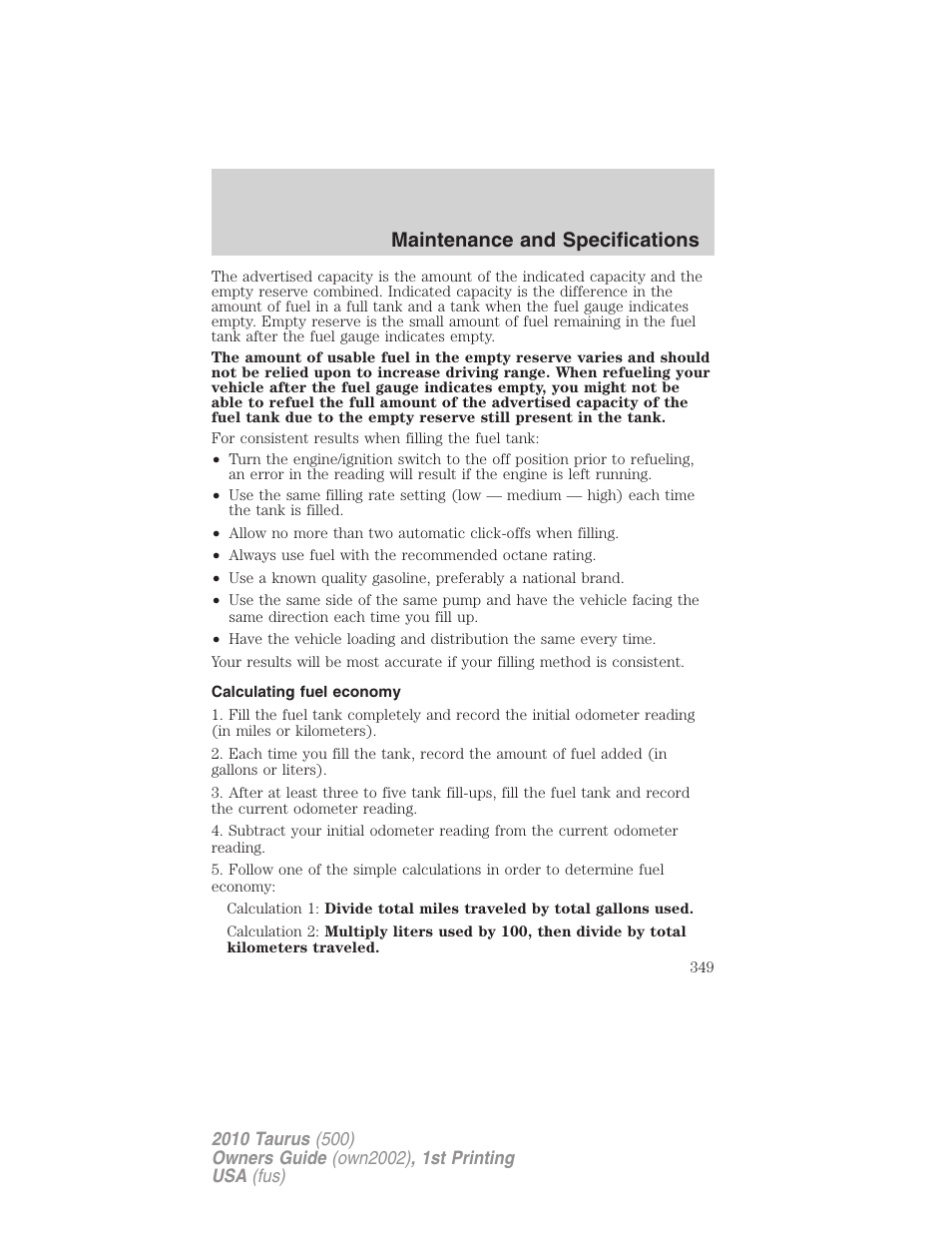 Calculating fuel economy, Maintenance and specifications | FORD 2010 Taurus v.1 User Manual | Page 349 / 378