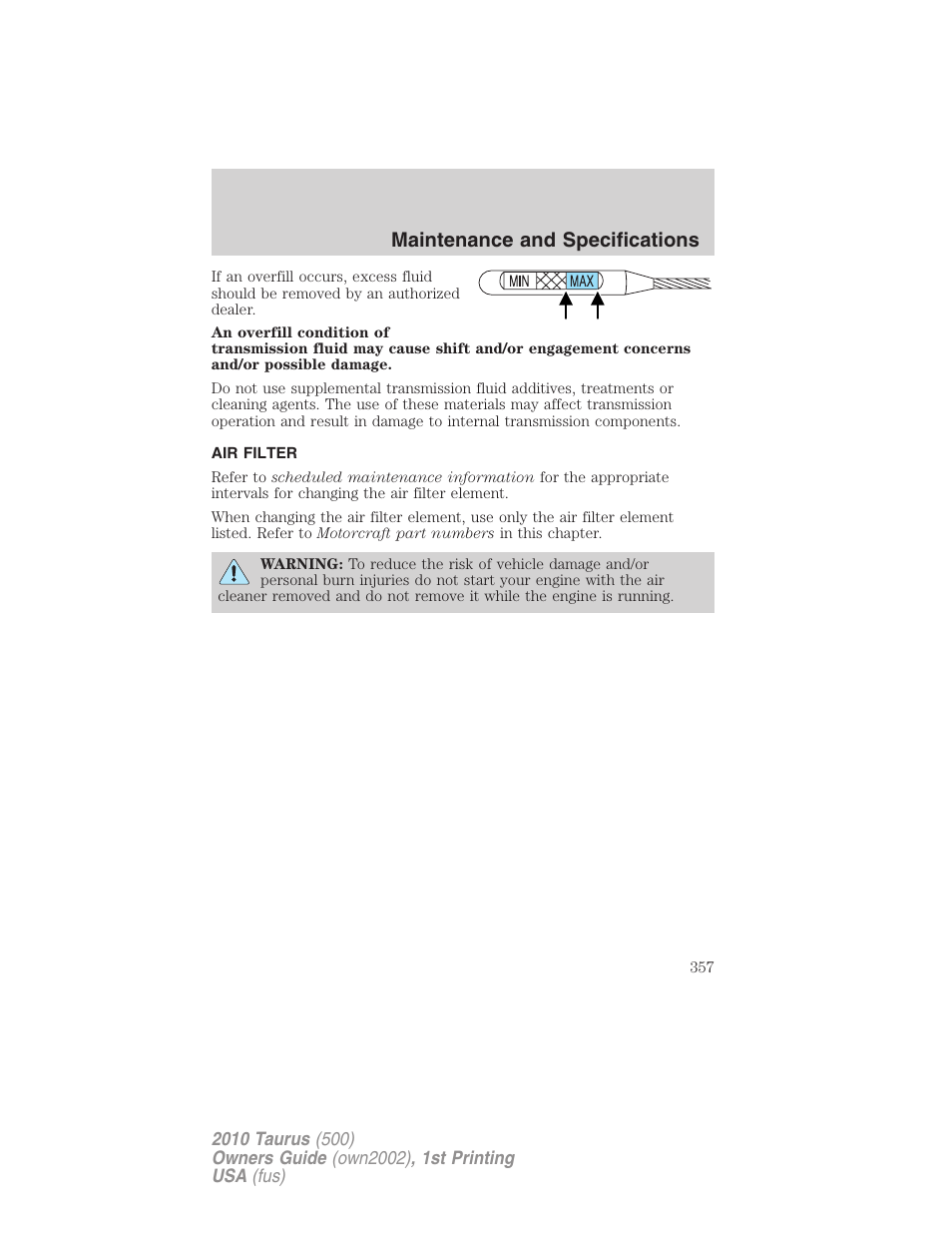 Air filter, Air filter(s), Maintenance and specifications | FORD 2010 Taurus v.1 User Manual | Page 357 / 378