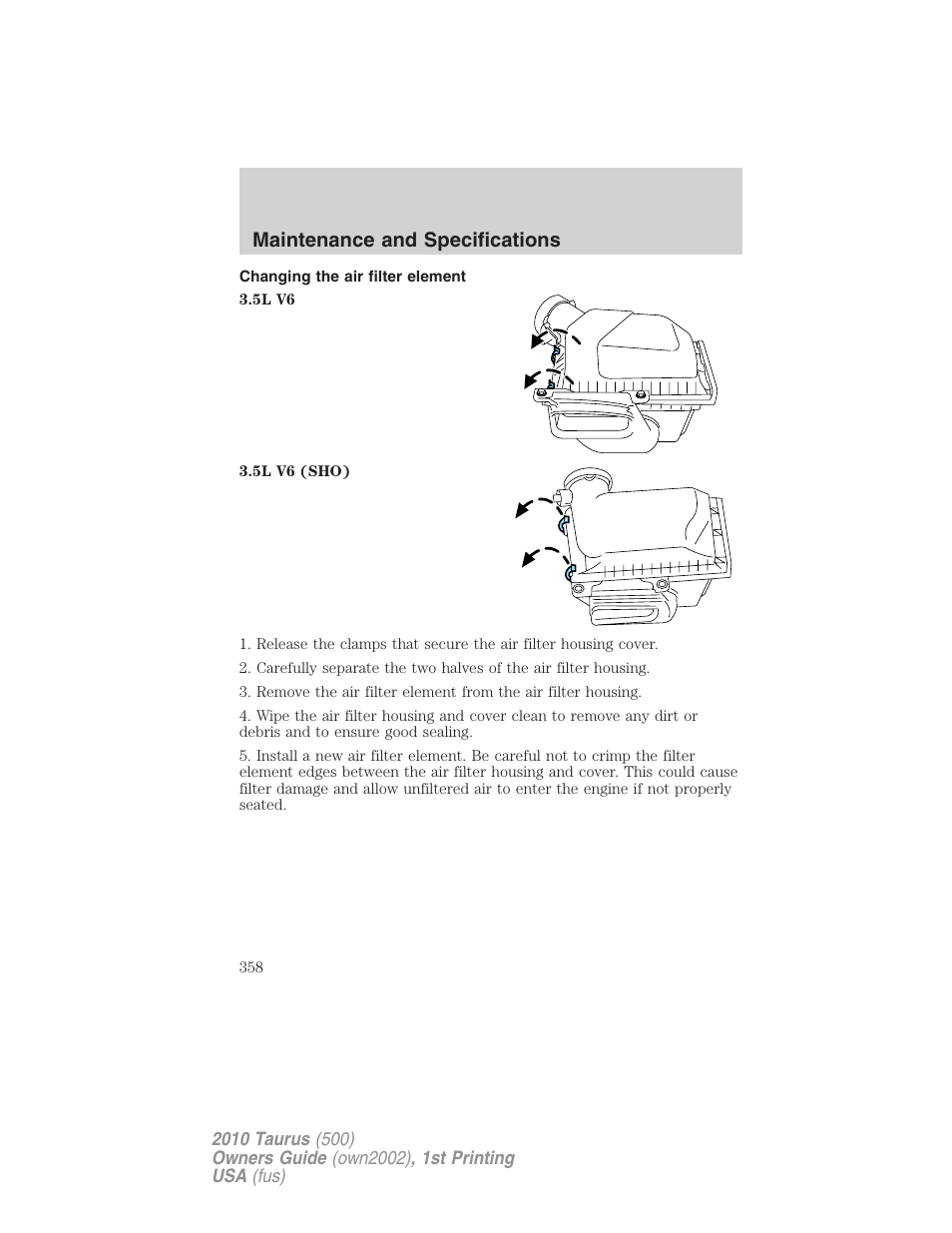 Changing the air filter element, Maintenance and specifications | FORD 2010 Taurus v.1 User Manual | Page 358 / 378