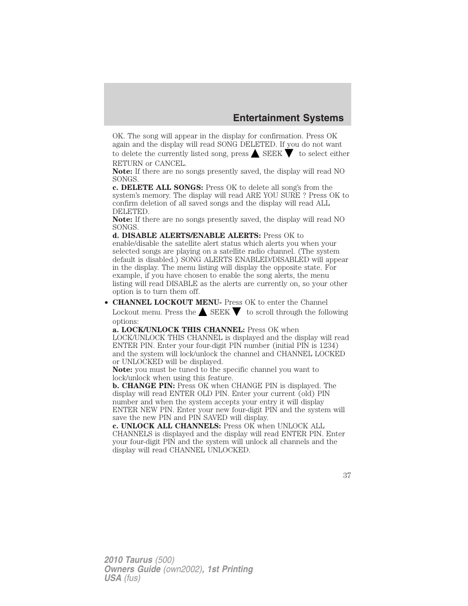 Entertainment systems | FORD 2010 Taurus v.1 User Manual | Page 37 / 378