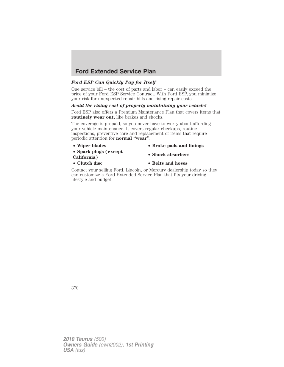 Ford extended service plan | FORD 2010 Taurus v.1 User Manual | Page 370 / 378