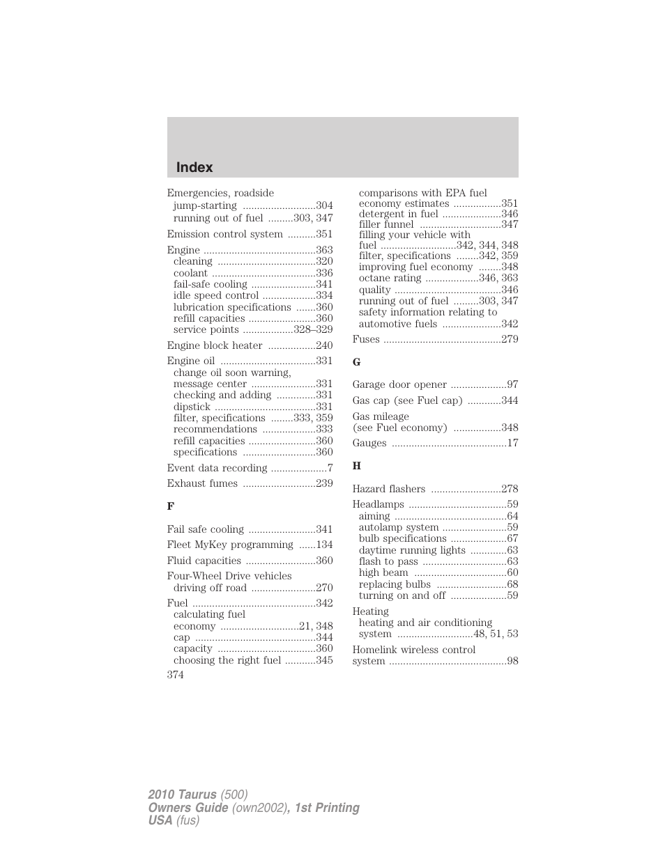Index | FORD 2010 Taurus v.1 User Manual | Page 374 / 378