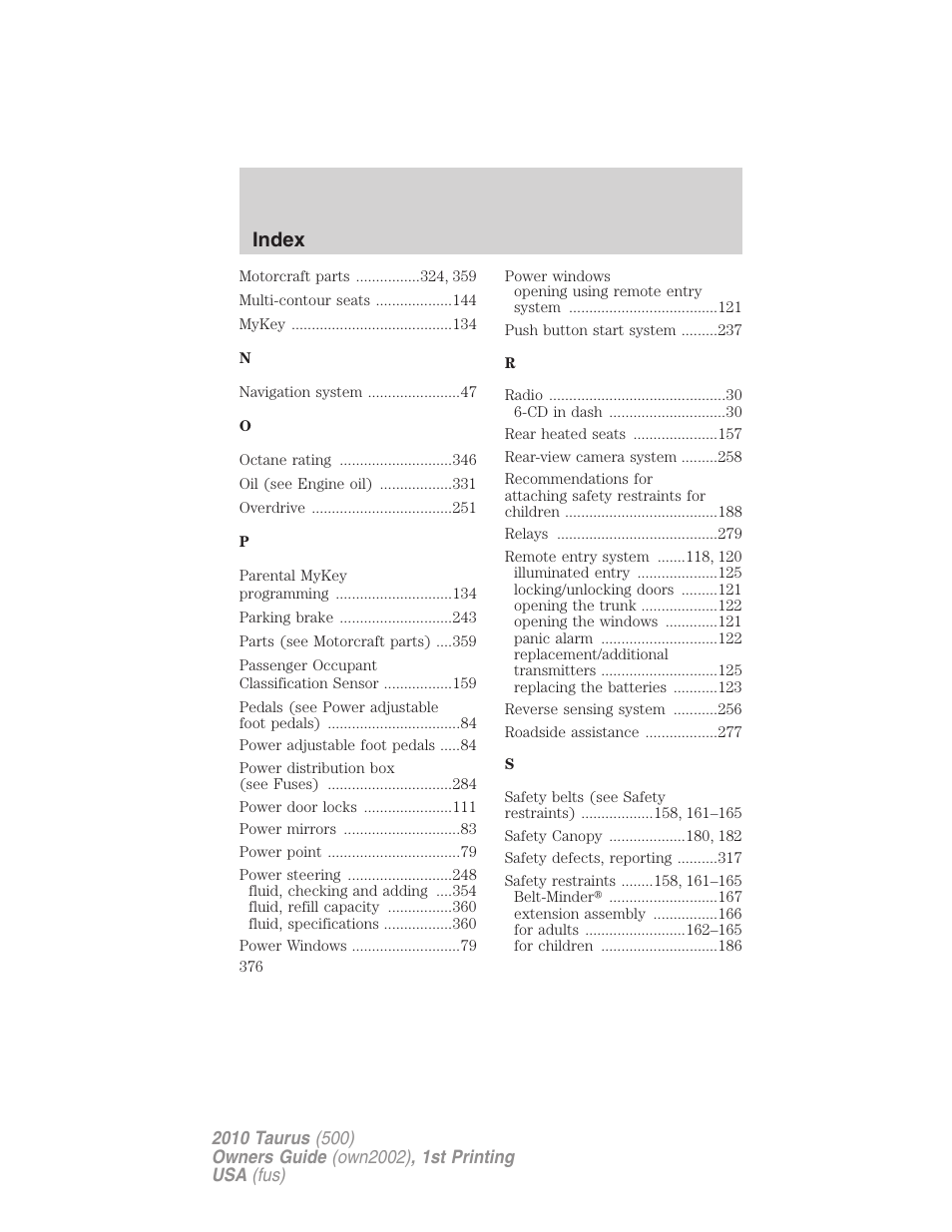 Index | FORD 2010 Taurus v.1 User Manual | Page 376 / 378
