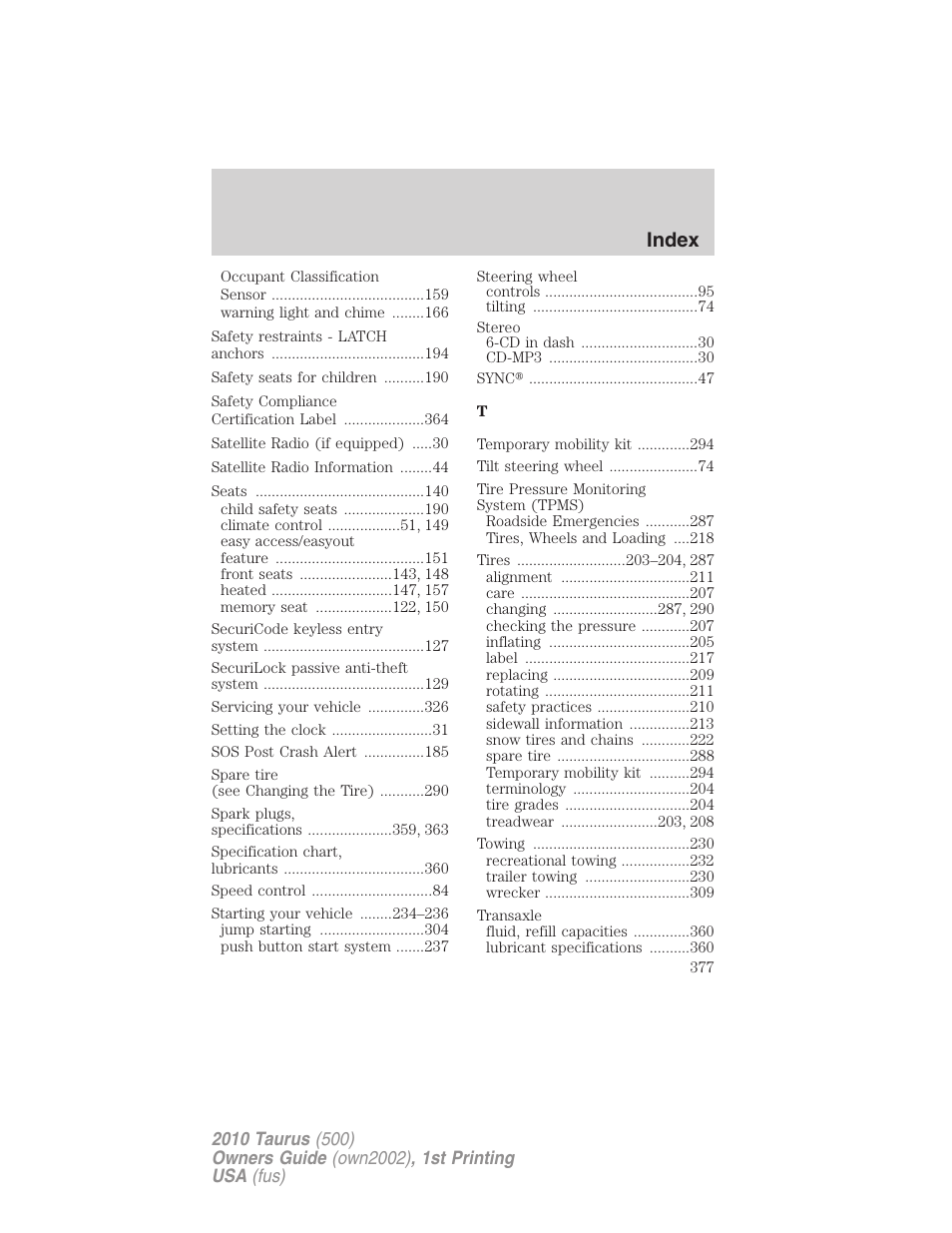 Index | FORD 2010 Taurus v.1 User Manual | Page 377 / 378