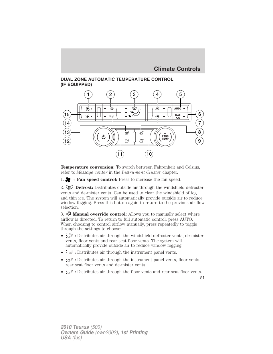 Dual electronic automatic temperature control, Climate controls | FORD 2010 Taurus v.1 User Manual | Page 51 / 378