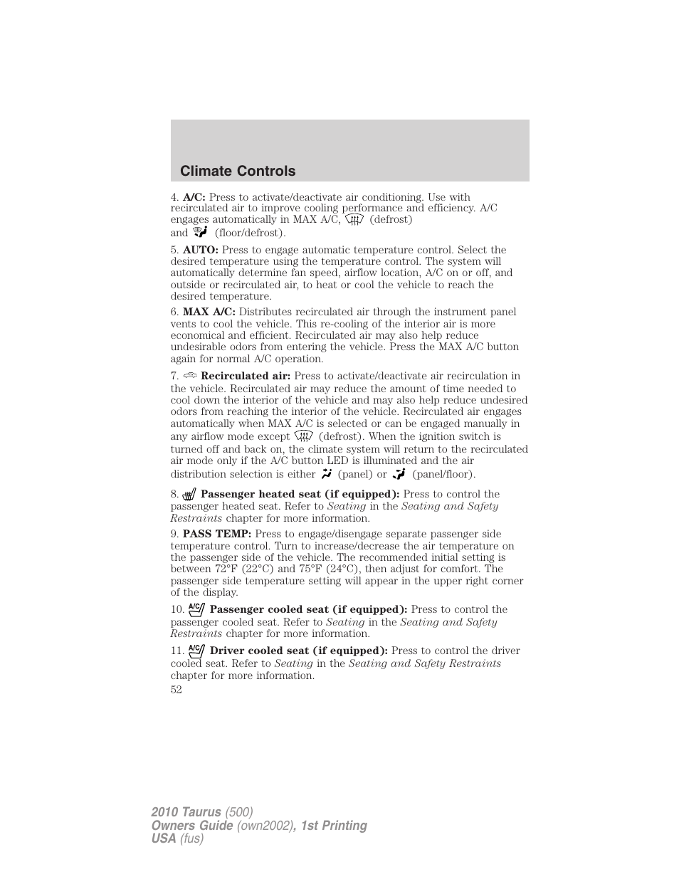 Climate controls | FORD 2010 Taurus v.1 User Manual | Page 52 / 378