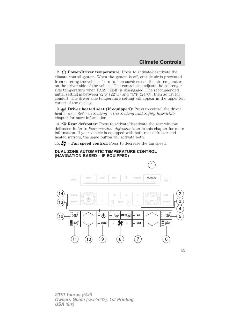 Navigation system based climate control, Climate controls | FORD 2010 Taurus v.1 User Manual | Page 53 / 378