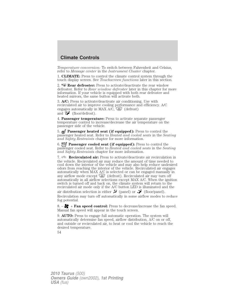 Climate controls | FORD 2010 Taurus v.1 User Manual | Page 54 / 378